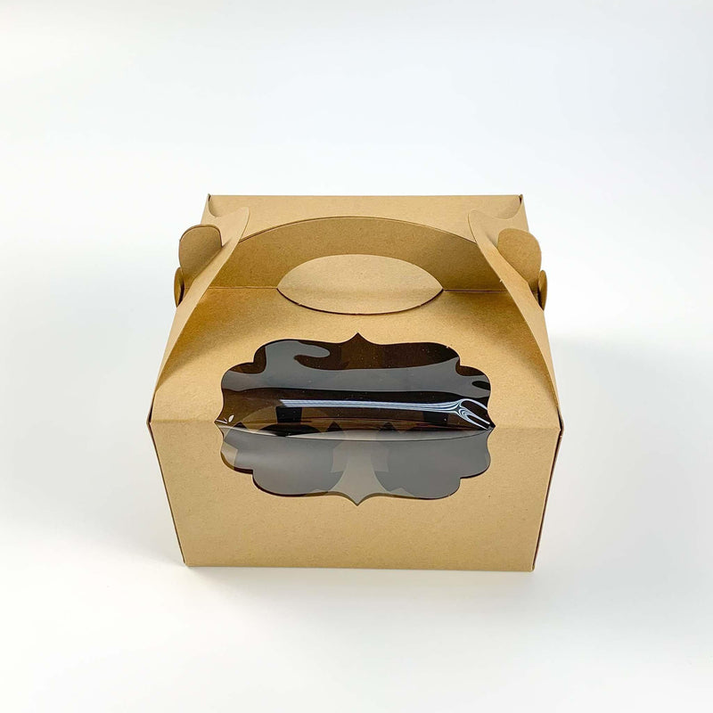 Natural Kraft 4 Holders Curved Window Cupcake Box with Handle 6.9”x 6.9”x 4.3” - Pouches & More