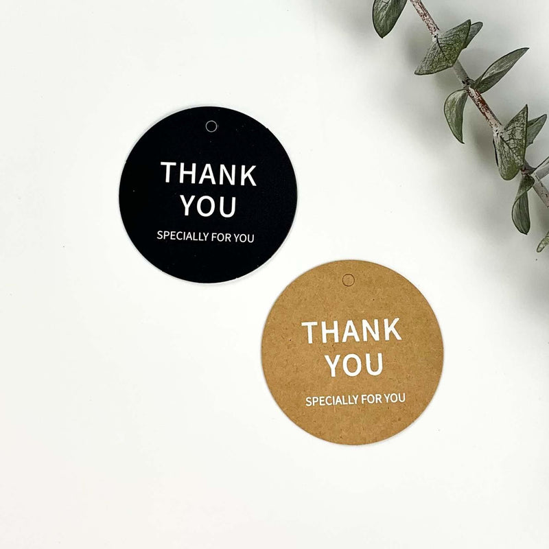 Round Black "Thank You" Paper Tag - Pouches & More