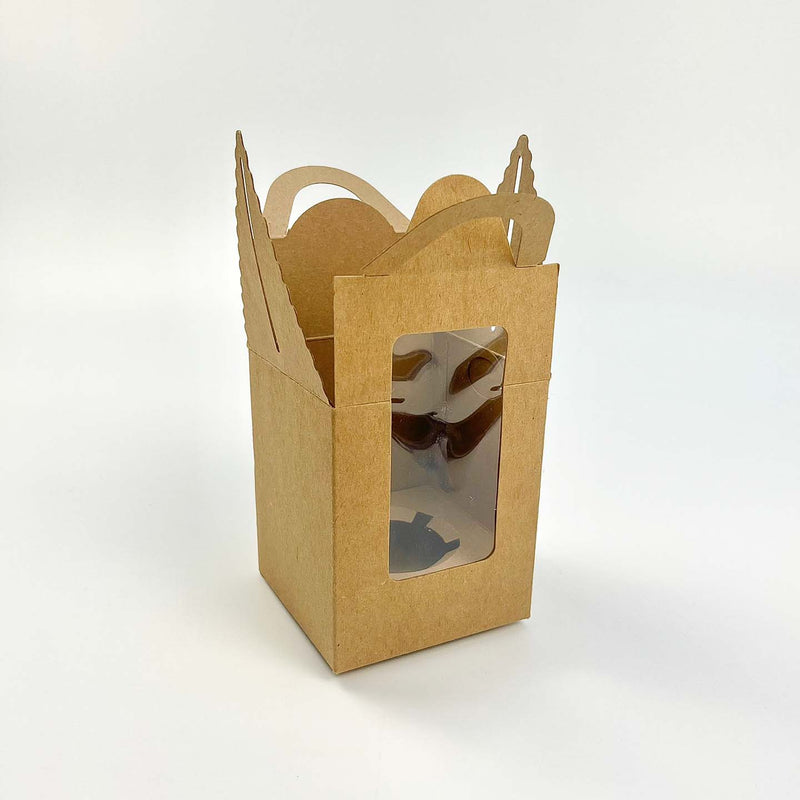 Natural Kraft 1 Holder Curved Window Cupcake Box with Handle 3.7" x 3.7" + 4"